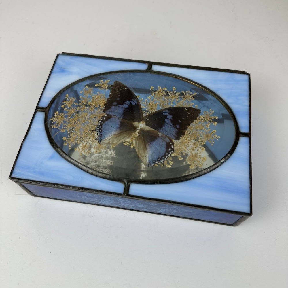 Vintage Stained Glass Hideaway Butterfly Trinket Box Blue Slag Glass Taxidermy